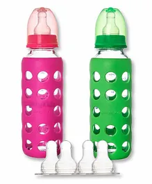 Naughty Kidz Premium Glass Feeding Bottles with 4 Teats Green Pink - 240 ml each