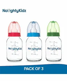Naughty Kidz Premium Glass Feeding Bottles & 6 Teats Green Pink Blue - 120 ml Each