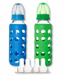 Naughty Kidz Premium Glass Feeding Bottle Set of 2 with 4 Teats and Cover Green Blue - 240 ml Each
