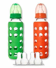 Naughty Kidz Premium Glass Feeding Bottle Set of 2 with 4 Teats and Cover Green Orange - 240 ml Each