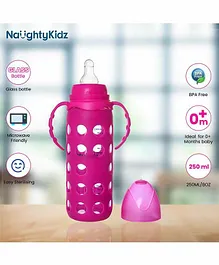 Naughty Kidz Premium Twin Handle Glass Feeding Bottle with 2 Teats and Cover Pink - 250 ml 