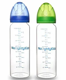 Naughty Kidz Premium Glass Feeding Bottle & 4 Teats Blue Green - 250 ml 