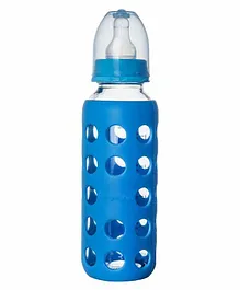 Naughty Kidz Premium Glass Feeding Bottle & 2 Teats With Warmer Blue - 240 ml 
