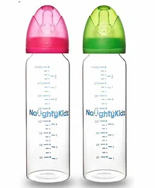Naughty Kidz Premium Glass Feeding Bottle With 4 Teats Pink Green - 250 ml Each