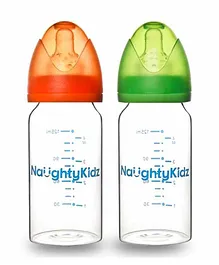 Naughty Kidz Borosil Glass Feeding Bottles with 4 Teats Pack of 2 Orange Green - 125 ml Each