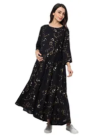 MomToBe Full Sleeves Bird & Cage Print Maternity Feeding Dress - Black