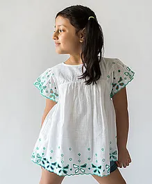 A Little Fable Half Sleeves Butterfly Cut Work & Embroidered Top - White