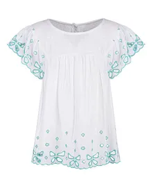 A Little Fable Half Sleeves Butterfly Cut Work & Embroidered Top - White