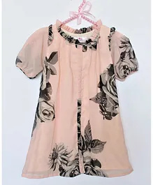 Many frocks & Short Sleeves Rose Print A Line Dress - Pink