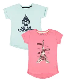 PALM TREE Pack Of 2 Short Sleeves Quote & Eiffel Tower Printed Top - Pink & Blue