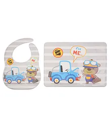 Yellow Bee Feeding Bib With Mat Car and Bear Print - Grey