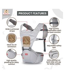 INFANTSO 4-in-1 Adjustable Hip SEAT Baby Carrier Soft & Comfortable with Safety Belt, Multi-Utility Pockets and Wide Cushioned Straps - Grey