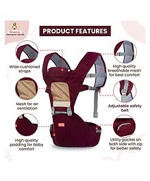 INFANTSO 4-in-1 Adjustable Hip SEAT Baby Carrier Soft & Comfortable with Safety Belt, Multi-Utility Pockets and Wide Cushioned Straps - WINE RED