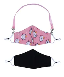 D'chica Set of 2 2-Ply Kitty Print Mask With Detachable Hooks Lanyard - Pink & Black
