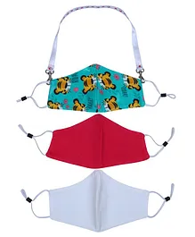 D'chica Set of 3 2-Ply Tigress Print Mask With Detachable Hook Lanyard - Blue Red & White