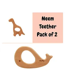  Wufiy Wooden Whale & Dino Shaped Neem Teethers Glazed With Virgin Coconut Oil - Light Brown