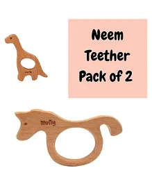 Wufiy Sea Horse & Dino Shape Neem Wooden Teether Pack of 2 - Brown