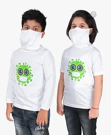 Knotty Kids Half Sleeves Virus Printed Tee With Attached Face Mask - White