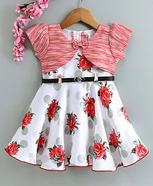 Twetoons Short Sleeves Floral Printed Frock with Belt - White Red