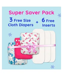 Charlie Banana All Night Cloth Diaper 3 Free Size Diapers with 6 Inserts 360 Softness - Pina Colada