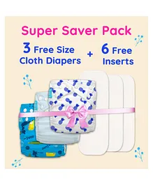 Charlie Banana All Night Cloth Diaper 3 Free Size Diapers with 6 Inserts 360 Softness - Surf Rider