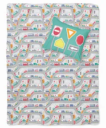 Boingg Traffic Jam Theme Bed Sheet With Pillow Cover - Green Grey