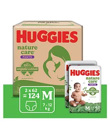 Huggies Nature Care Pants, Medium Size (7-12 Kg) Premium Baby Diaper Pants, Monthly Pack 124 Count, Made with 100% Organic Cotton