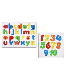 Funblast 3D Wooden Small Alphabet & Number Knob Puzzle Multicolor - 26 & 10 Pieces Each
