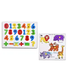 Funblast 3D Wooden Number Board & Animals Knob Puzzle Multicolor - 24 & 5 Pieces Each