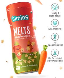 Timios Melts Wholegrain Snacks for Kids 9M+ - Carrot & Cumin Flavour, 50g - Iron & Protein Rich, No Preservatives