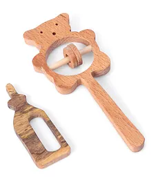 Woods for Dudes Wooden Bear Rattle With Teether Pack of 2 - Brown