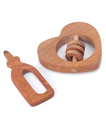 Woods for Dudes Wooden Heart Rattle With Teether Pack of 2 - Brown