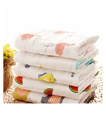 Elementary Premium 6 Layered Ultra Soft Muslin Cotton Wash Cloth / Napkin - Pack of 4 (Colour & Print May Vary)
