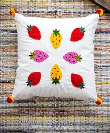 Rockfort Creation Strawberry Hand Embroidered Cushion Cover - White