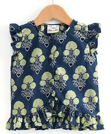 BownBee  Cap Sleeves Front Open Block Print Top - Blue