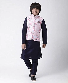 HANGUP Full Sleeves Kurta With Pajama & Flower Print Waistcoat - Blue