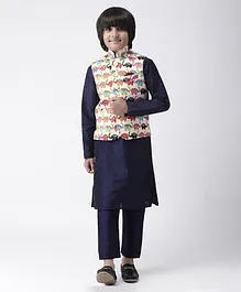 HANGUP Full Sleeves Kurta With Pajama & Elephant Print Waistcoat - Blue