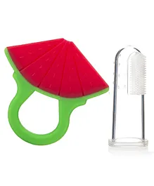 INFANTSO Non-Toxic Food-Grade Silicone Watermelon Shaped Baby Teether and Baby finger Brush Combo