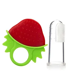 INFANTSO Non-Toxic Food-Grade Silicone Strawberry Shaped Baby Teether And Baby finger Brush Combo