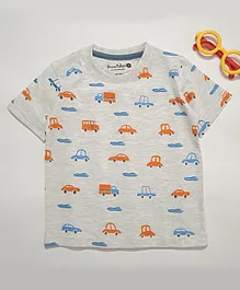 Snowflakes Half Sleeves All Over Vehicles Print Tee - Off White
