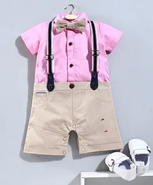 Mark & Mia Half Sleeves Romper with Bow & Suspender - Pink