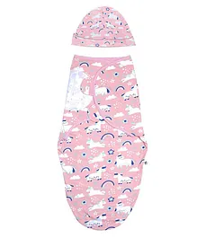 The Mom Store Swaddle Wrapper With Cap Unicorn Print - Pink