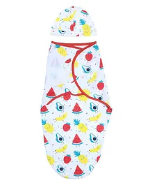 The Mom Store Swaddle Wrapper With Cap Fruits Print - White