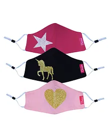 D'chica Pack Of 3 Glitter Love & Unicorn Printed 2 Ply Mask - Pink & Black
