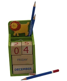 Kidoz Perpetual Wooden Learning Calendar With Pencil Stand Animal Theme - Green