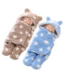 My NewBorn All Season Hooded Wearable Blanket Cum Sleeping Bag Star Print Pack of 2 - Blue Brown