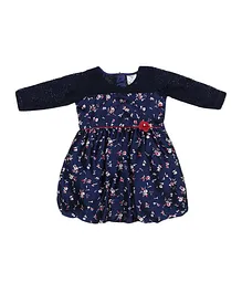 Doodle Girls Clothing Three Fourth Sleeves Floral Printed Satin Balloon Dress - Navy