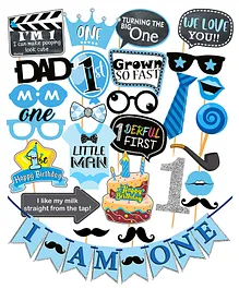 Syga First Birthday Photo Booth Props With Banner Blue - Pack Of 27
