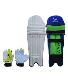 Wasan Cricket Batting Leg Guard And Gloves Set Small - White Blue