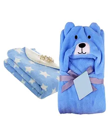 Brandonn Hooded Baby Blanket Star Print Set of 2 - Blue